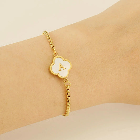 Gold Mother Of Pearl Clover Minimalist Initial Bracelet