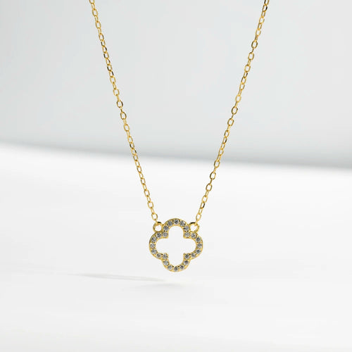 Open Leaf Sparkle Clover Necklace Gold