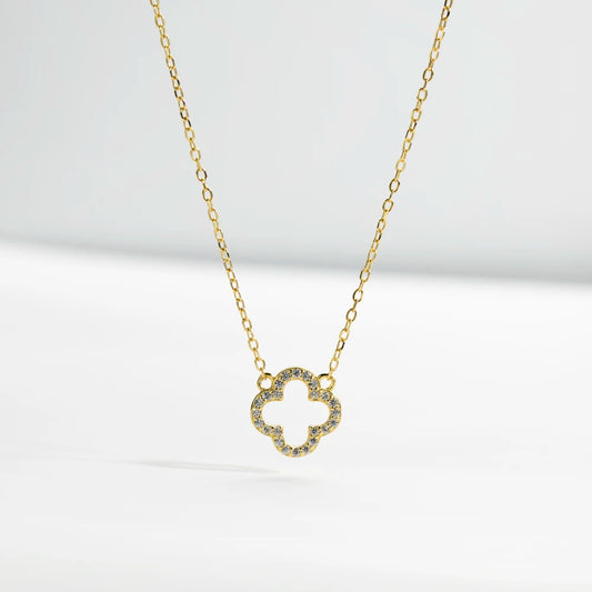 Open Leaf Sparkle Clover Necklace Gold
