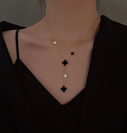 Reversible Onyx Mother Of Pearl Clover Necklace
